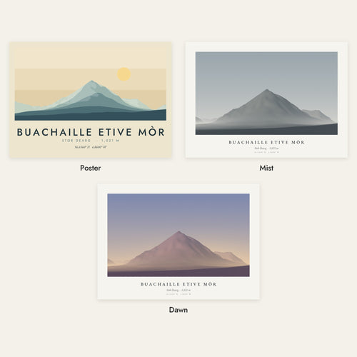 Buachaille Etive Mòr in three styles: Poster, Mist and Dawn