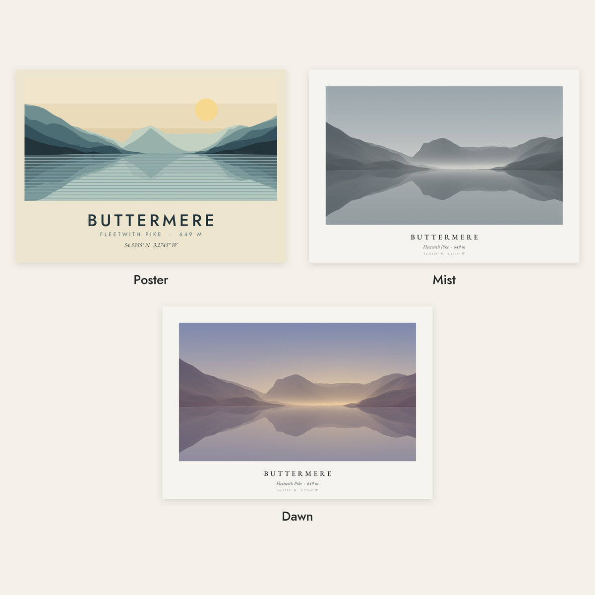 Buttermere in three styles: Poster, Mist and Dawn