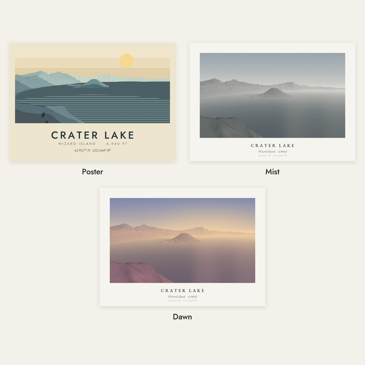 Crater Lake in three styles: Poster, Mist and Dawn