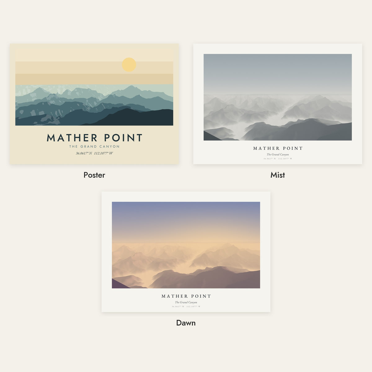 Mather Point in three styles: Poster, Mist and Dawn