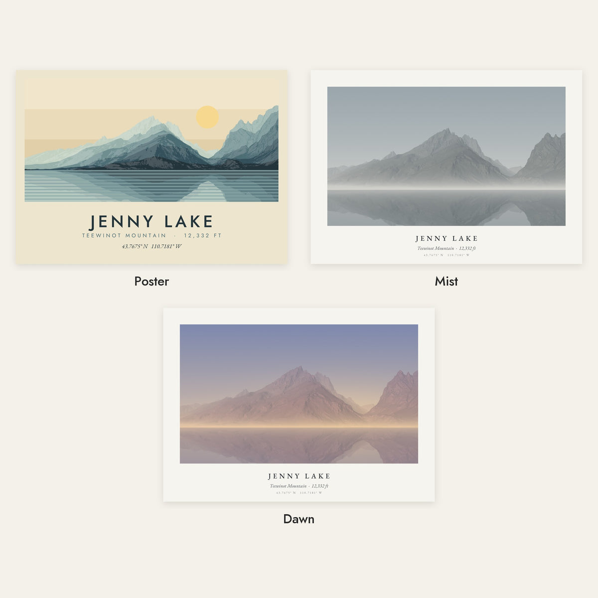 Jenny Lake in three styles: Poster, Mist and Dawn