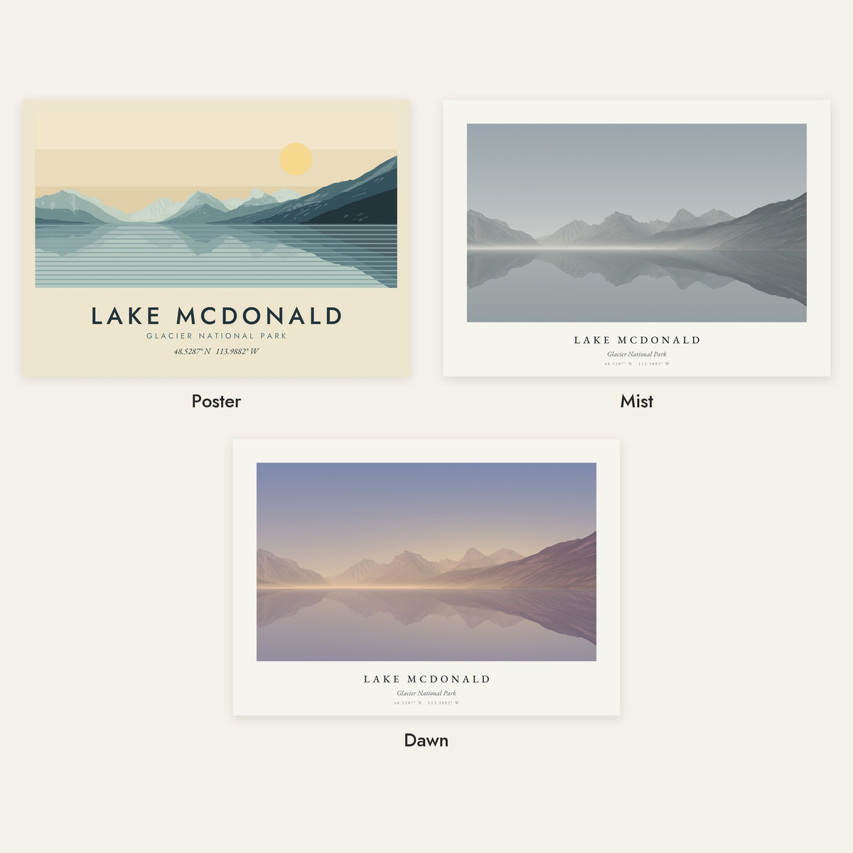 Lake McDonald in three styles: Poster, Mist and Dawn