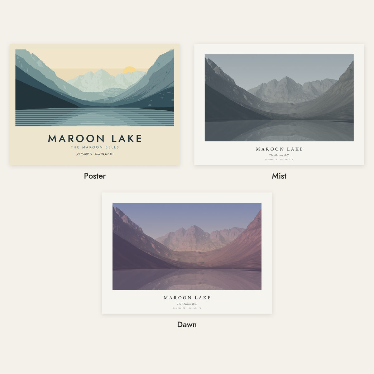 Maroon Lake in three styles: Poster, Mist and Dawn