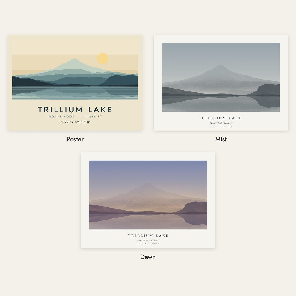 Trillium Lake in three styles: Poster, Mist and Dawn