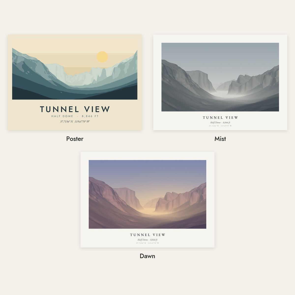 Tunnel View in three styles: Poster, Mist and Dawn