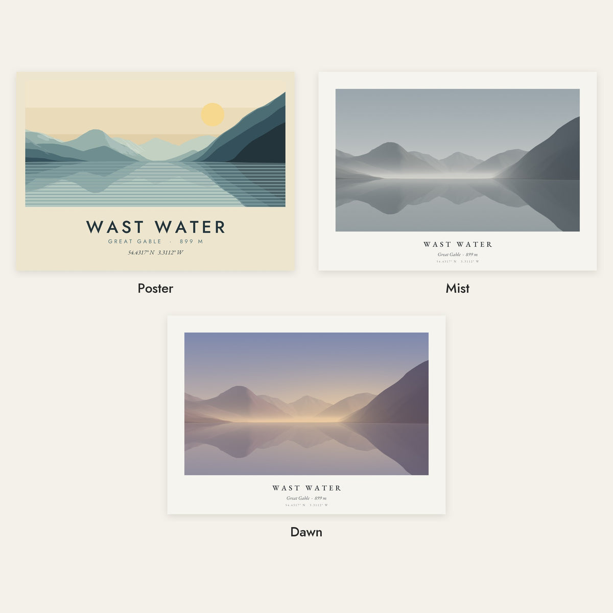 Wast Water in three styles: Poster, Mist and Dawn